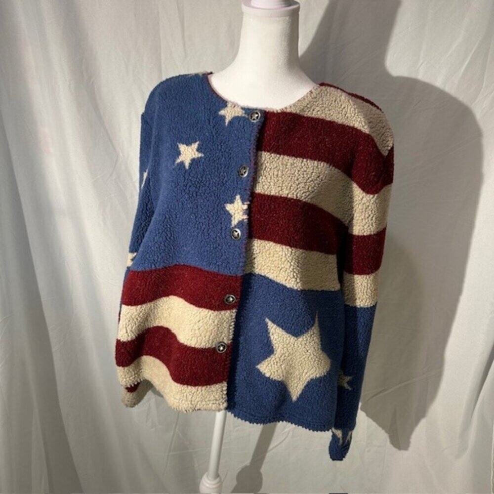Christopher & Banks Fleece Button Jacket Women’s Size L Patriotic American Flag